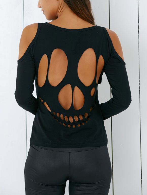 Trendy Motif à manches longues évider Skull T-shirt noir - Noir XL