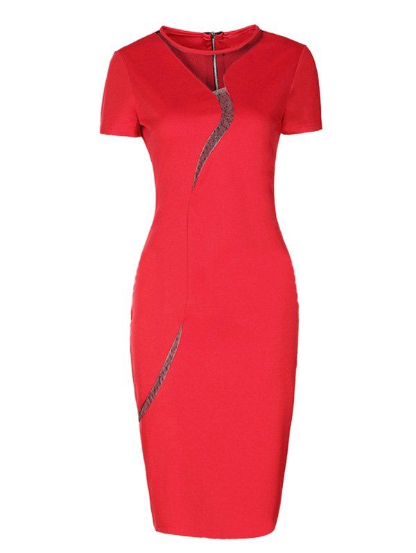 

Short Sleeve Mesh Inset Bodycon Dress, Red