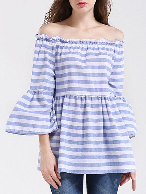 

Sweet Off The Shoulder Bell Sleeve Stripe Dressy Blouse, Light blue