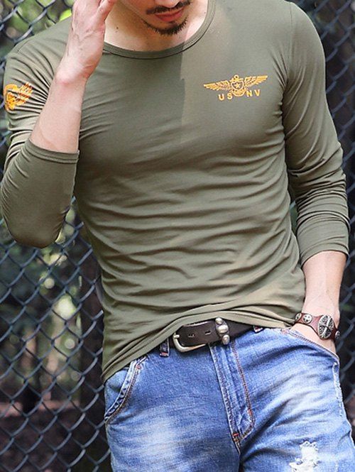 

Military Style Printed Round Neck Long Sleeve Tee, Army green