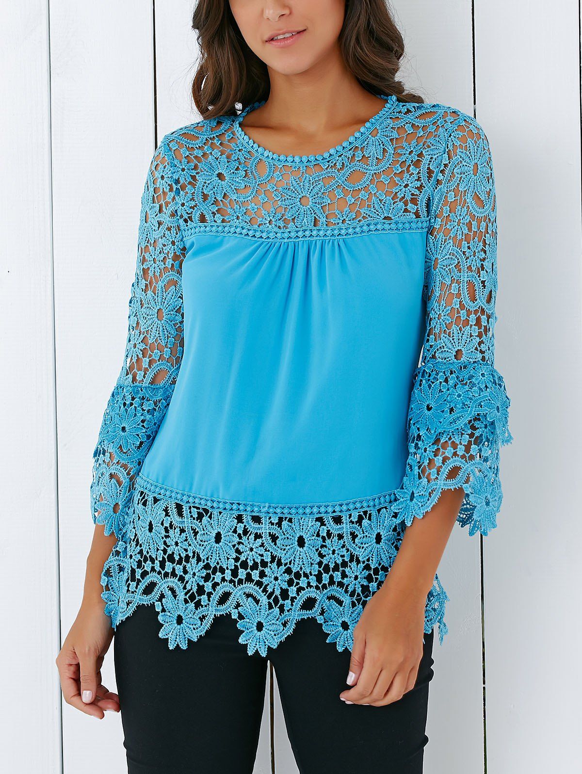 

Lace Insert Crochet Lace Blouse, Azure