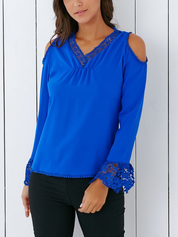 Trendy V Neck Lace Spliced ​​évider Crochet Blouse - Bleu Saphir S