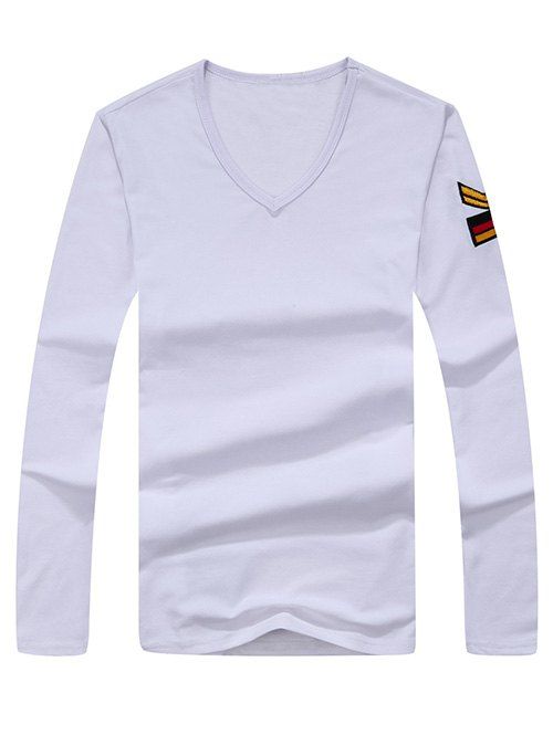 

Army Style Long Sleeve V Neck Embroidery Tee, White