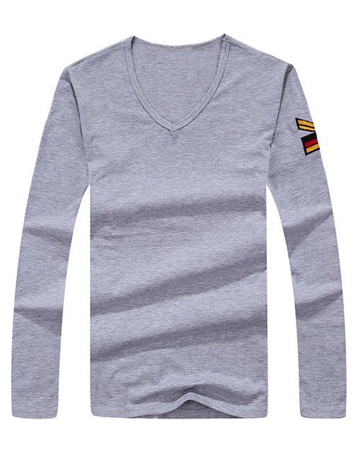 

Army Style Long Sleeve V Neck Embroidery Tee, Gray