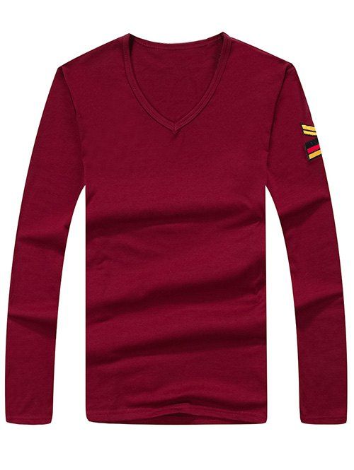 

Army Style Long Sleeve V Neck Embroidery Tee, Wine red