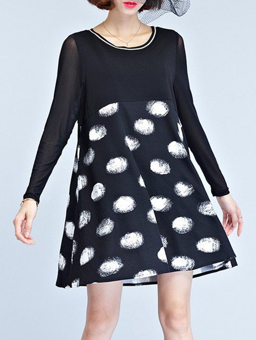 

Chic Mesh-Insert Polka Dot Women's Dress, Black