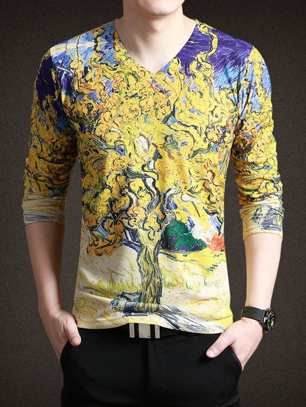 

Trendy Painting Print V-Neck Long Sleeves Tee For Men, Yellow