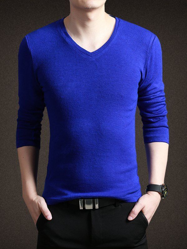 

Pure Color V-Neck Long Sleeves Tee For Men, Blue
