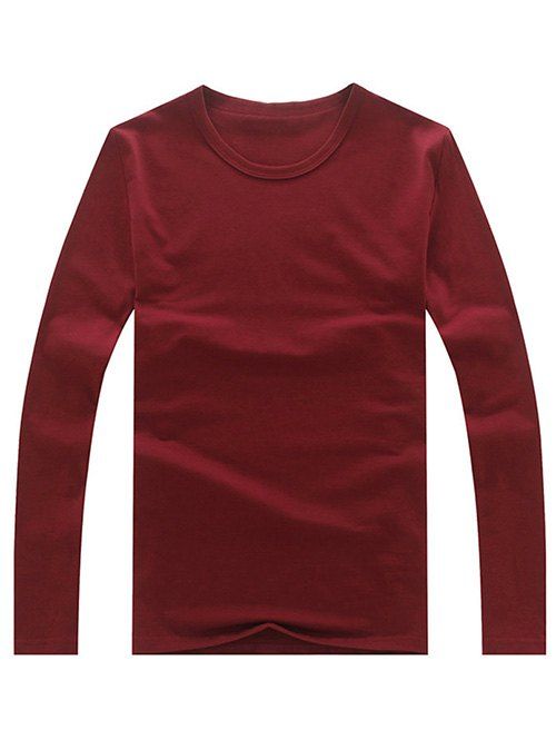 

Brief Long Sleeve Round Neck Solid Color Tee, Wine red
