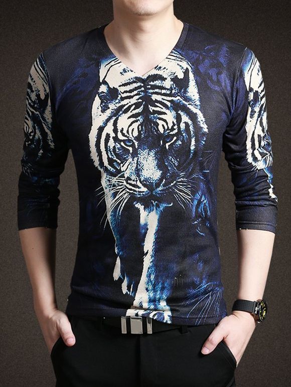 New Look 3D Tiger Print V-Neck manches longues Tee pour les hommes - Bleu profond XL