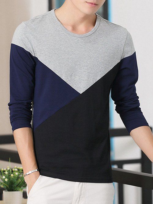 

Brief Color Block Round Neck Long Sleeve Tee, Gray