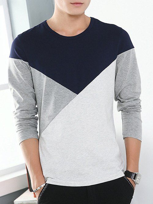 

Brief Color Block Round Neck Long Sleeve Tee, Purplish blue
