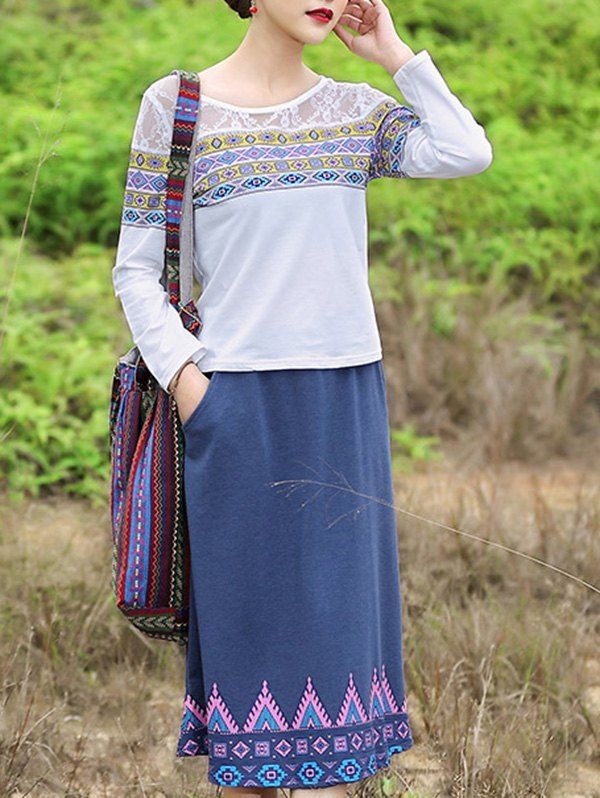 

Ethnic Style Geometric Pattern T-Shirt + Pocket Design Skirt Women's Twinset, White