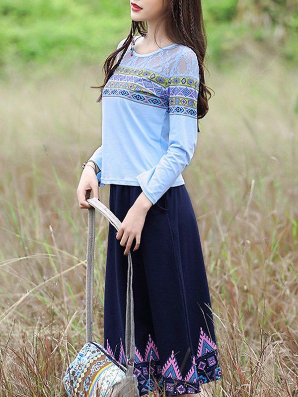 

Ethnic Style Geometric Pattern T-Shirt + Pocket Design Skirt Women's Twinset, Light blue