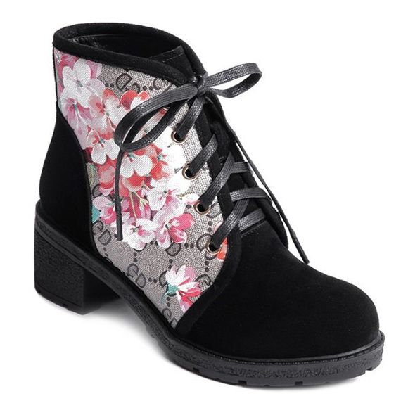 Stylish Floral Print and Chunky Heel Design Women's Short Boots - Noir 39