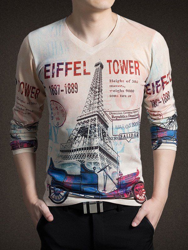 

3D Tower Print V-Neck Long Sleeve Men's T-Shirt, Colormix