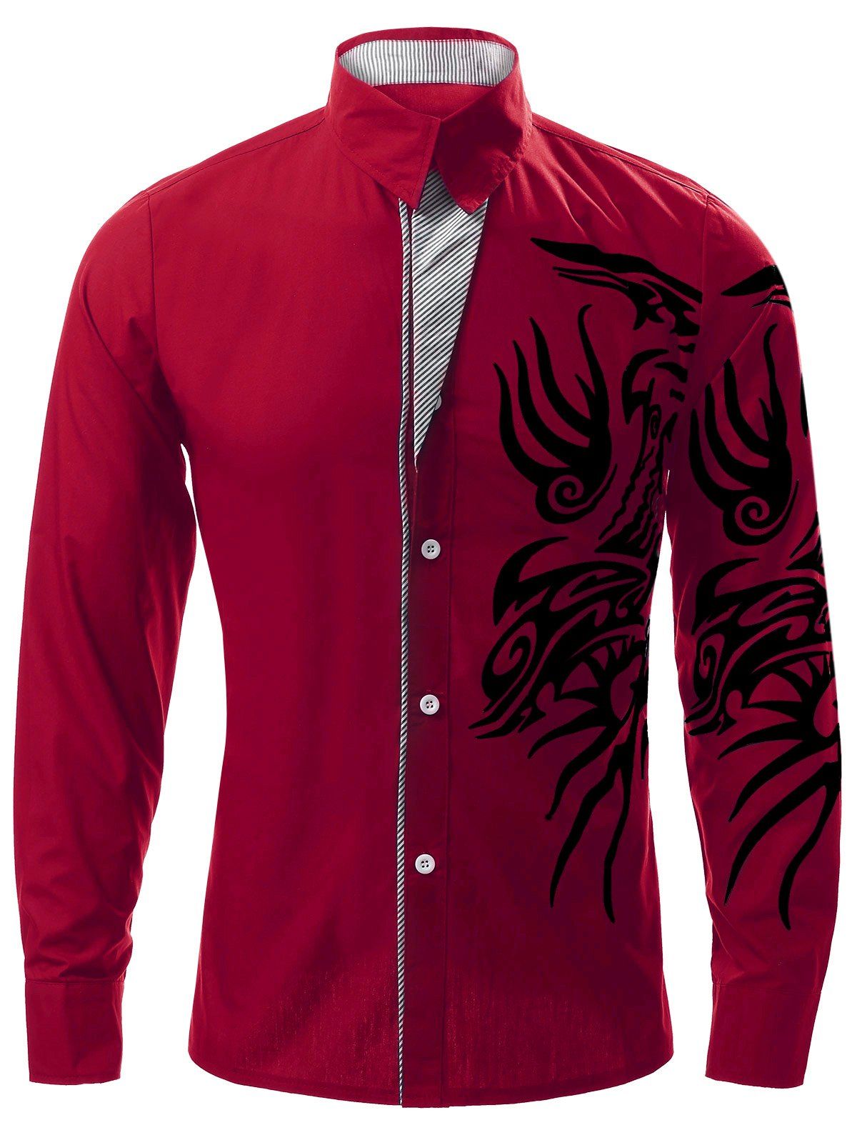 

Totem Print Turn-down Collar Men's Long Sleeve Shirt, Wine red