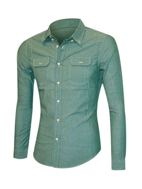 Solid Color Pockets Front Long Sleeve Men's Button-Down Shirt - vert foncé XL