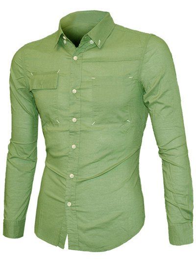 Pockets Front Solid Color Long Sleeve Men's Button-Down Shirt - Vert Armée XL