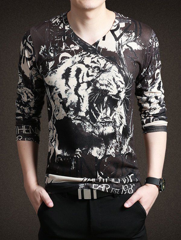 

3D Tiger Print V-Neck Long Sleeve Men's T-Shirt, Coffee