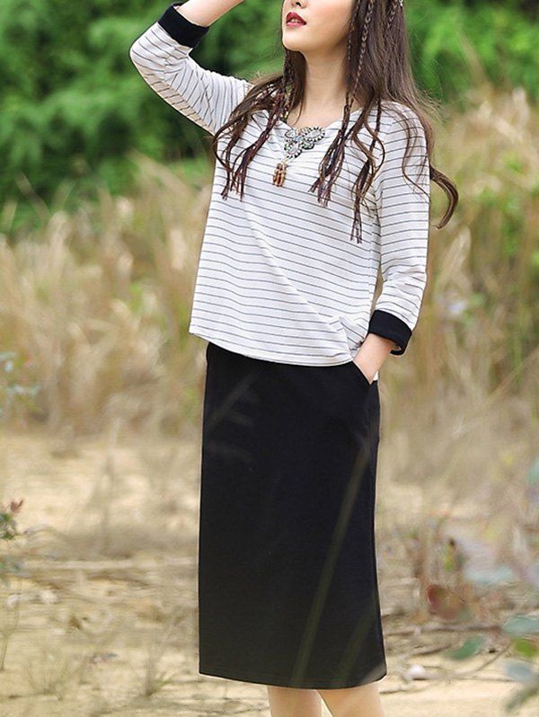 

Casual Striped T-Shirt + Black Pocket Design Skirt Women's Twinset, White