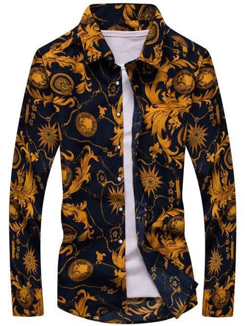 Plus Size Flowers Print Turn-Down Collar manches longues hommes  's Shirt - multicolore M