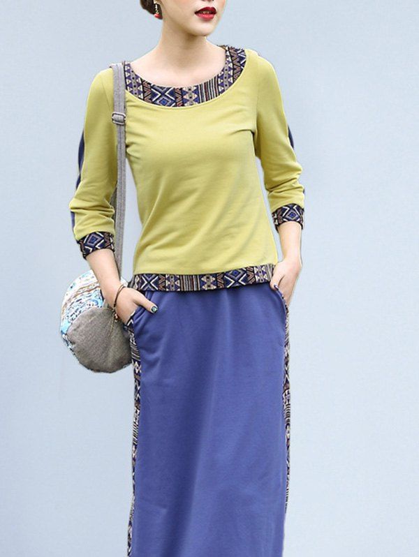 

Ethnic Style Spliced T-Shirt + Geometric Pattern Pocket Design Skirt Women's Twinset, Yellow