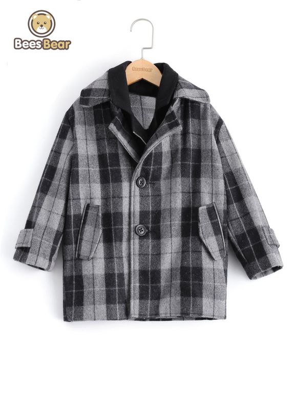 Stylish Two Design Bouton Plaid Furcal Manteau en laine Pour Boy - Gris CHILD-5