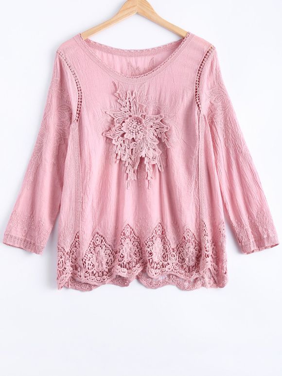Chic Lace Crochet Garniture Floral festonné Spliced ​​Blouse - Rose ONE SIZE