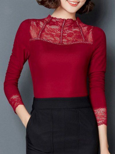 

Trendy Solid Color Lace Spliced Slim Blouse, Wine red