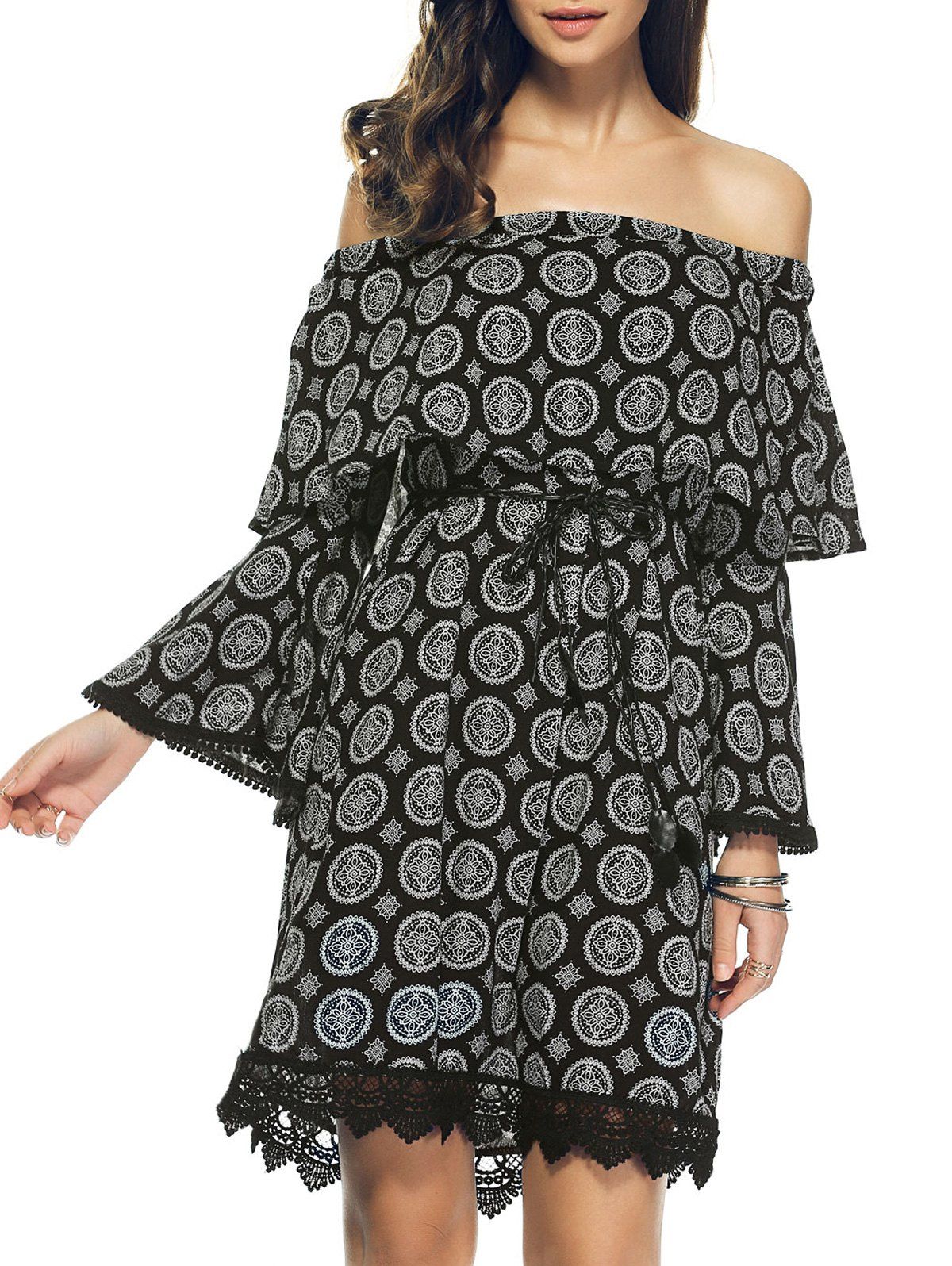 

Off The Shoulder Pattern Bell Sleeve Crochet Trim Dress, Black