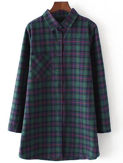 

Plus Size Gingham Print Single Pocket Flannel Long Shirt, Green