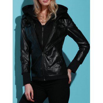 

Flap Pockets Hooded Faux Leather Jacket, Black