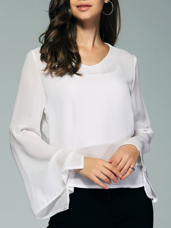 Concise Flare manches Blouse Pure Color pour les femmes - Blanc XL