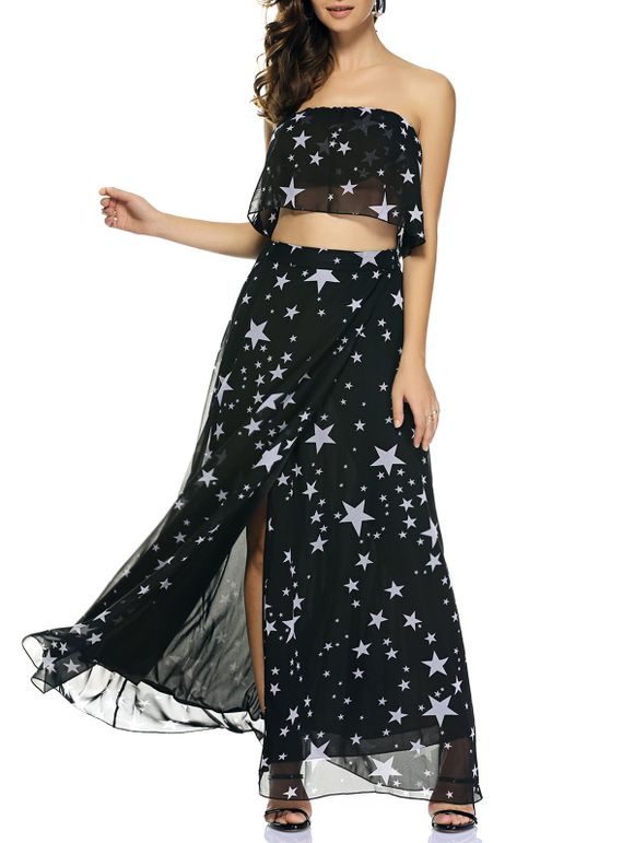 Chic Star Print Tube Top + High Slit Skirt - Noir 2XL