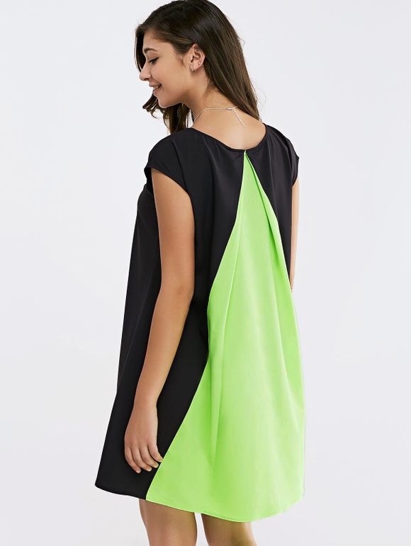 Manches courtes Col rond Color Block Splice Dress - Noir et Vert XL