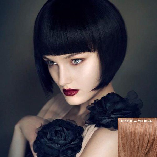 

Outstanding Short Straight Full Bang Women's Real Human Hair Wig, Brown with blonde