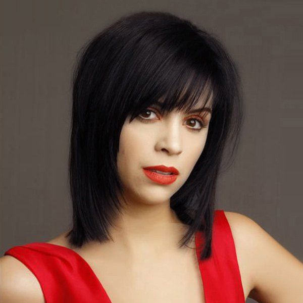 

Attractive Medium Straight Full Bang Women's Real Human Hair Wig, Jet black