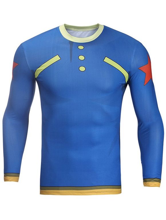 Men's Button and Star Print Round Neck Long Sleeve Tight T-Shirt - Bleu 3XL