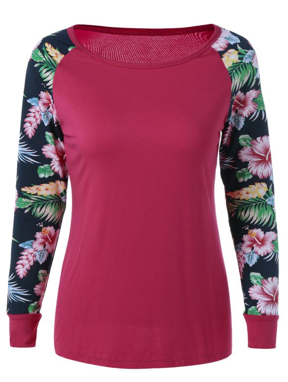Floral Printed Long Sleeve T-Shirt - Rouge XL