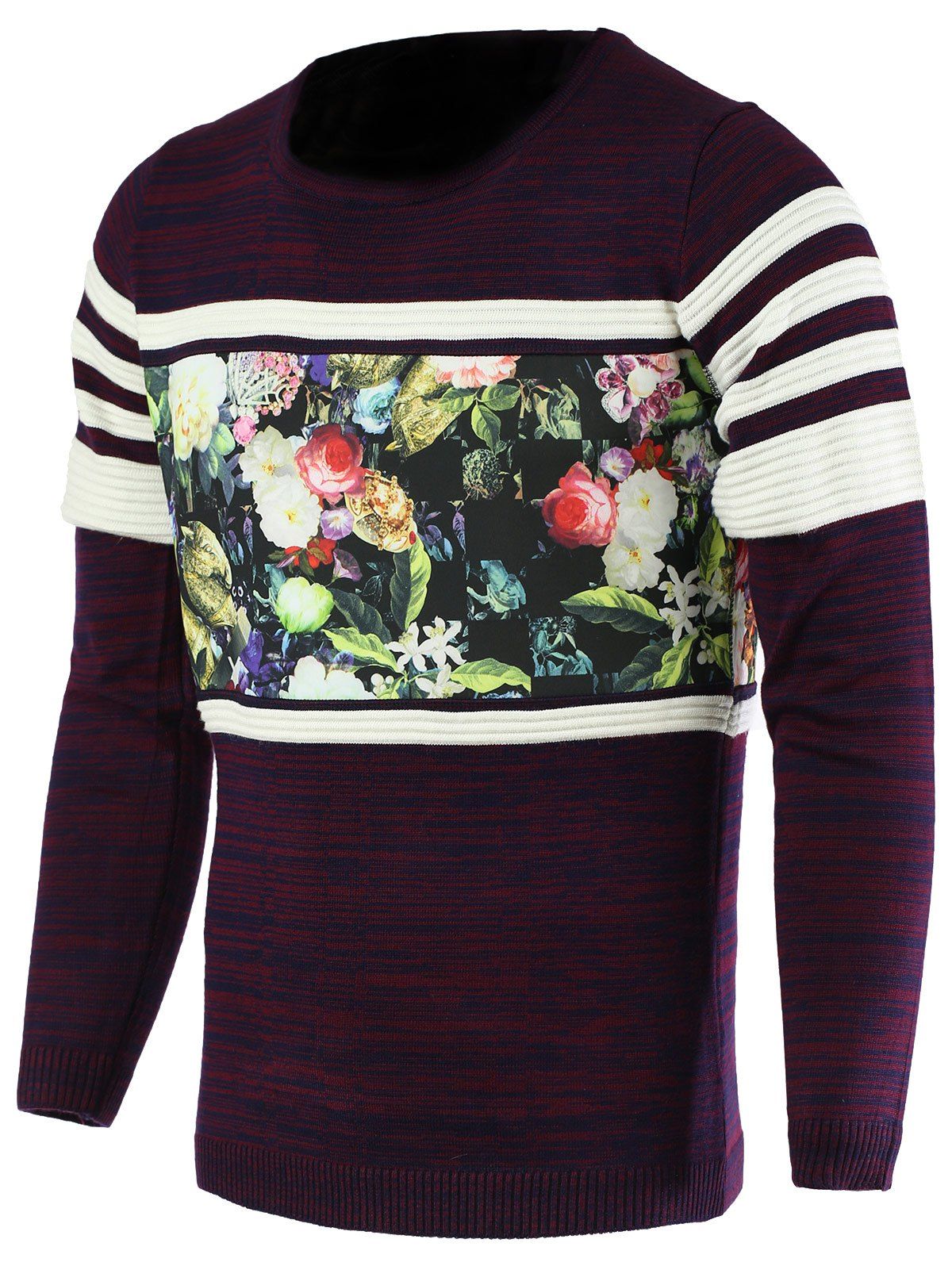 

Round Neck Color Block Splicing Flower Print Long Sleeve Men's Sweater, Purple