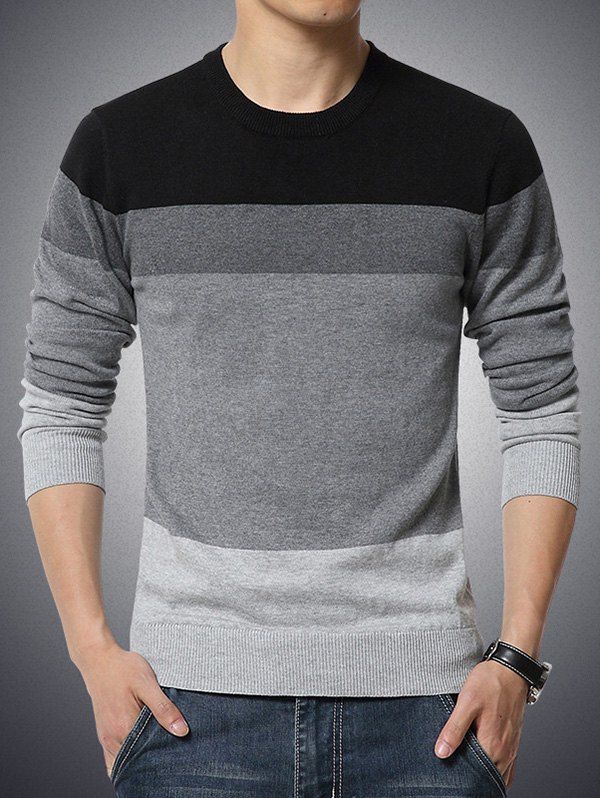 

Color Block Splicing Round Neck Long Sleeve Men's Sweater, Black