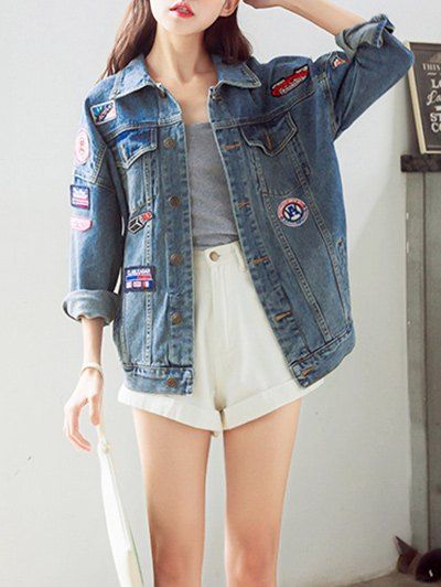

Trendy Applique Loose Fitting Jacket For Women, Blue