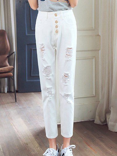 Élégant Pure Color Ripped Denim Pantalons pour femmes - Blanc 26