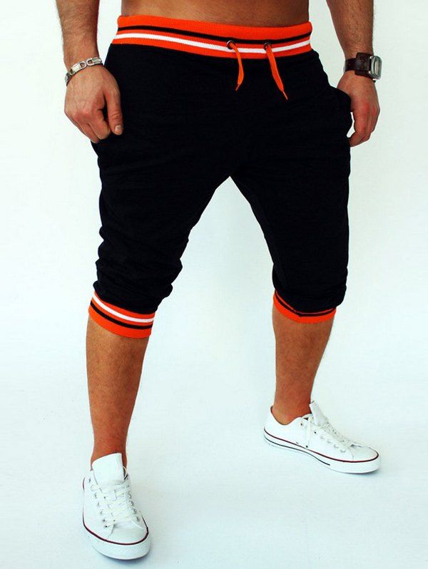 

Stripe Rib Splicing Design Lace-Up Beam Feet Men's Cropped Pants, Black and orange