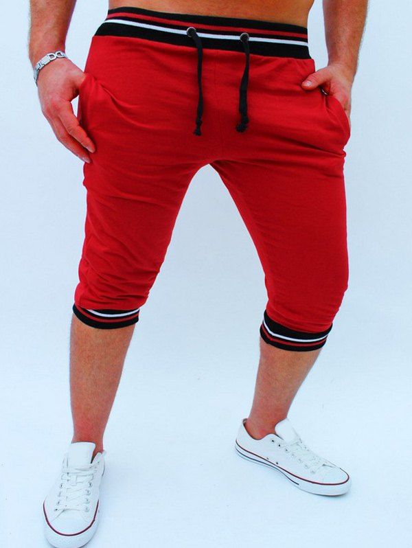 

Stripe Rib Splicing Design Lace-Up Beam Feet Men's Cropped Pants, Red