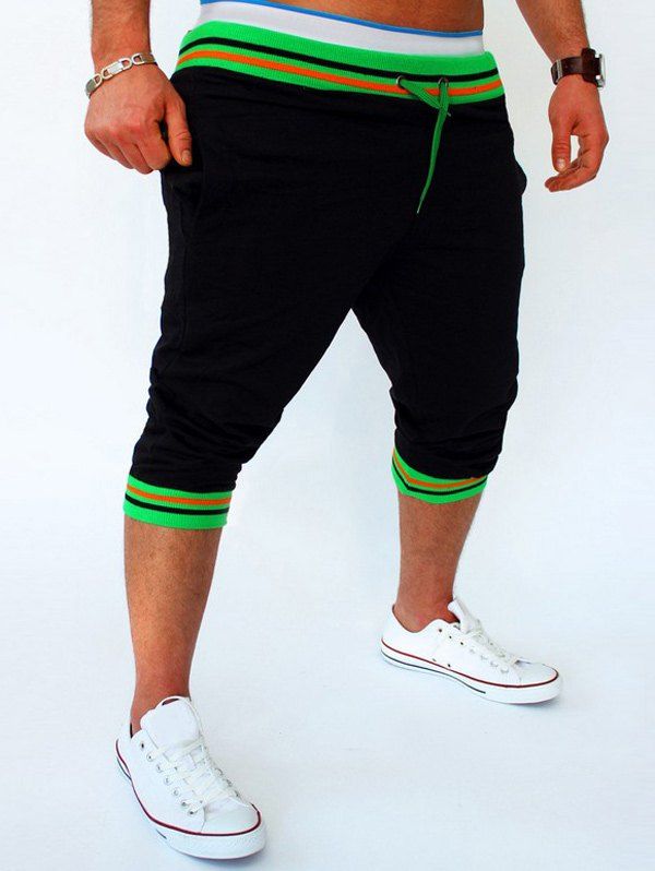 

Stripe Rib Splicing Design Lace-Up Beam Feet Men's Cropped Pants, Black and green