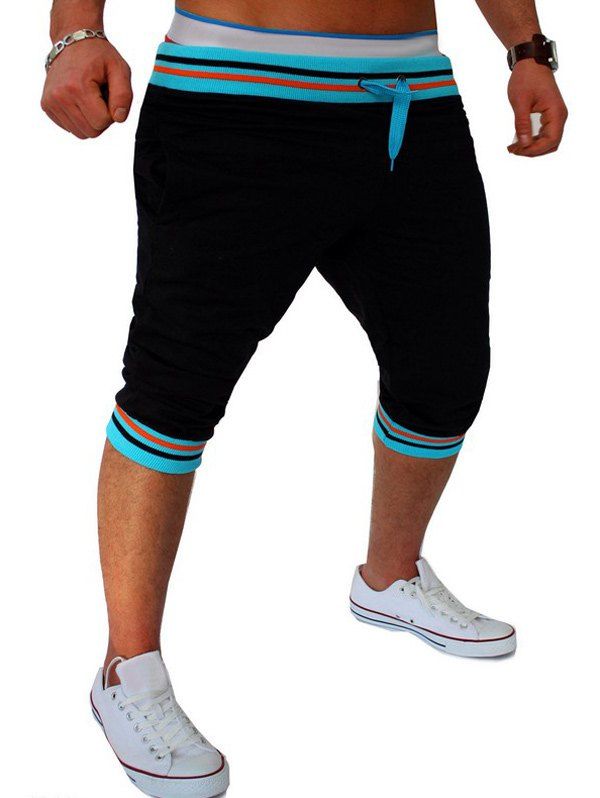 

Stripe Rib Splicing Design Lace-Up Beam Feet Men's Cropped Pants, Blue and black