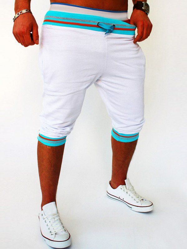 

Stripe Rib Splicing Design Lace-Up Beam Feet Men's Cropped Pants, White