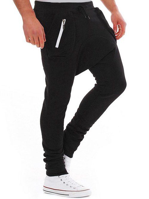 Modish Lacets Minceur Poche Zipper Design Pieds Étroits Polyester Low-Crotch Pants Pour Les Hommes - Noir L